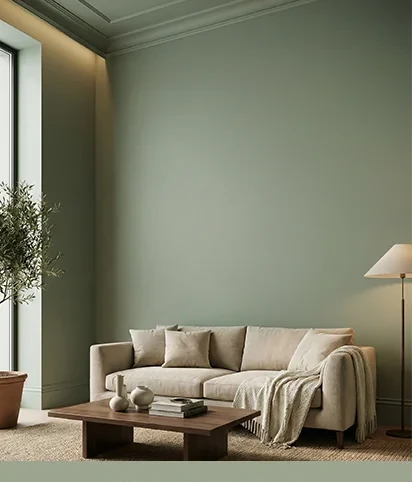 A warm, restful living room with muted green walls and natural textures