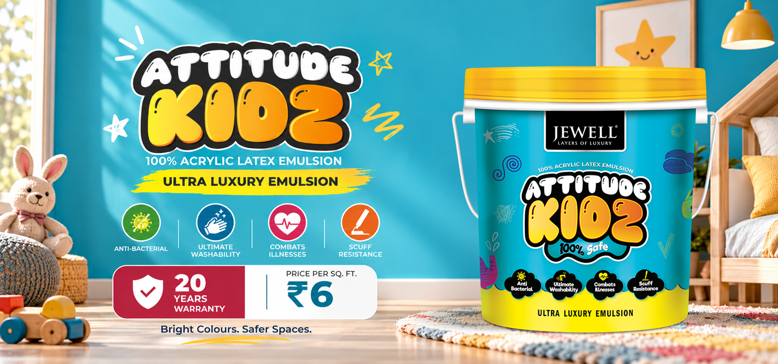 Jewell Attitude Kidz — Ultra Luxury Semi Glo interior emulsion for colorful children’s spaces.