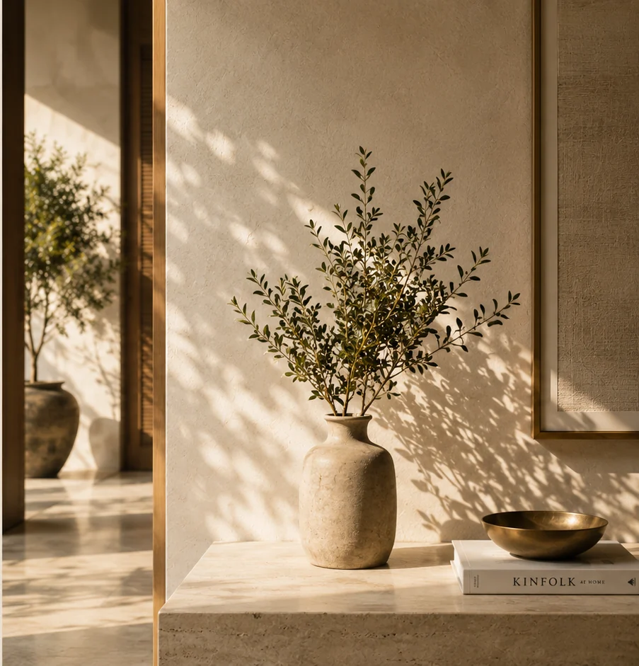 Warm sunlight and leafy shadows on a thoughtfully finished interior wall
