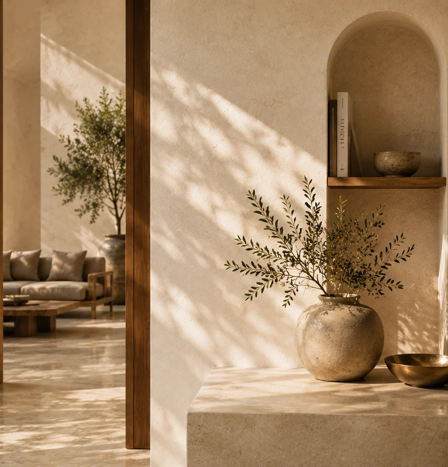 Warm, layered living space filled with afternoon light