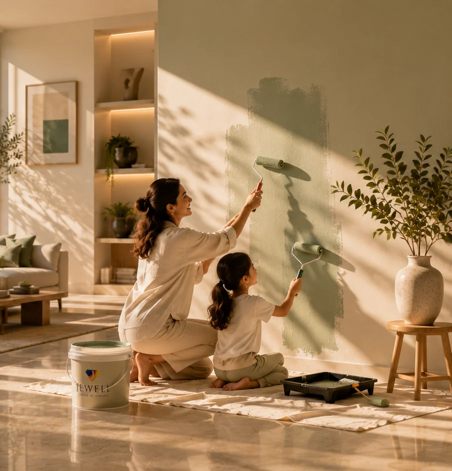 A family putting the finishing touches on a freshly painted home