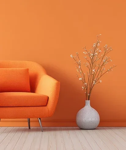Sculptural interior in warm, layered colours